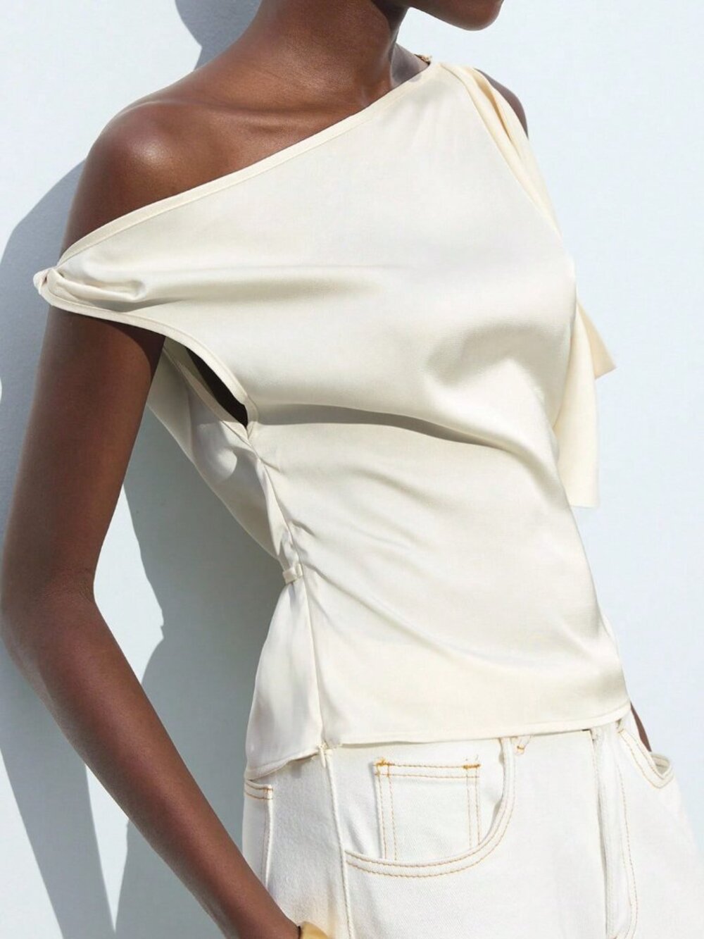 White Elegant Women's Asymmetrical Neck Top - Picture 6 of 6